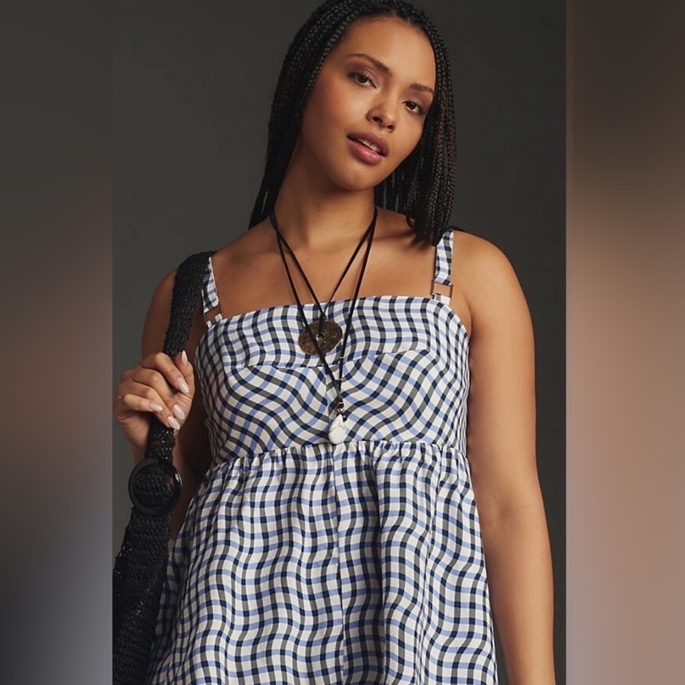Maeve Anthropologie Sleeveless Babydoll Gingham Romper Blue Sz XLP - Picture 4 of 9
